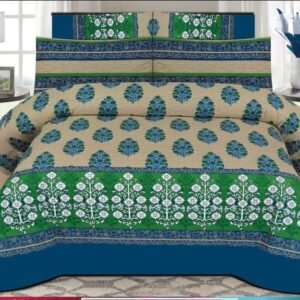 Dark Blue & Green Flowers Pure Cotton Printed Bedsheet