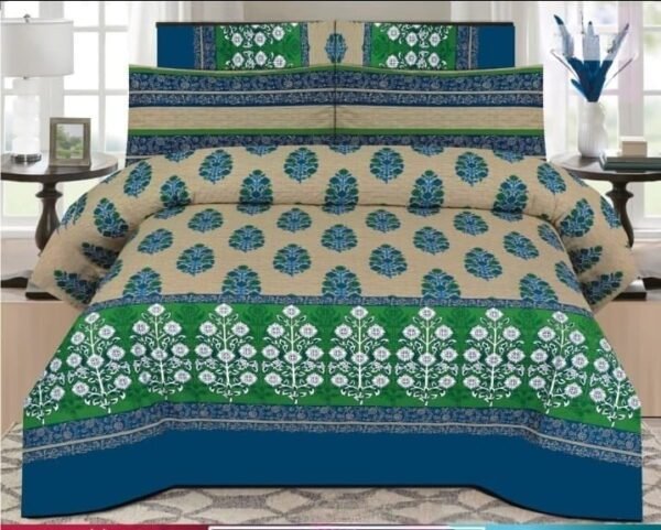 Dark Blue & Green Flowers Pure Cotton Printed Bedsheet