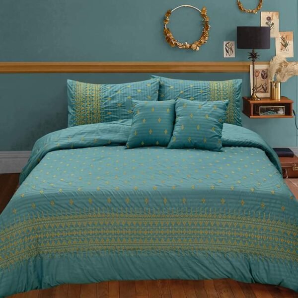 SkyBlue & Yellow Embroidered Bedsheet