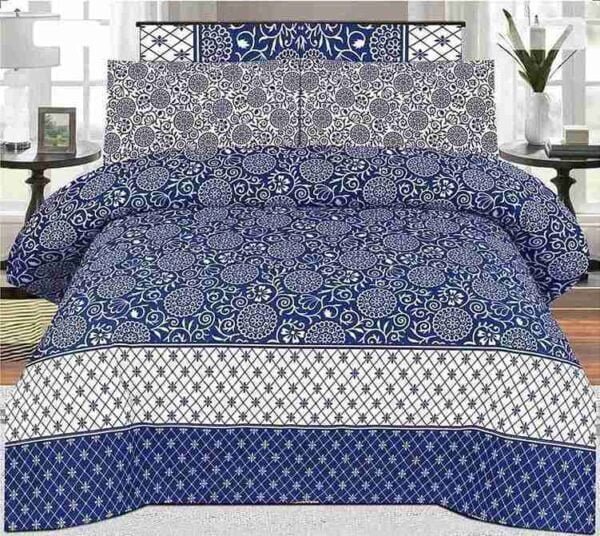 Dark Blue Cotton Printed Bedsheet Set