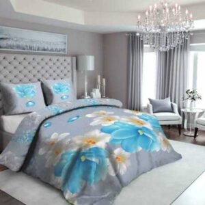 Sky Blue Flowers Satin Printed Bedsheet Set