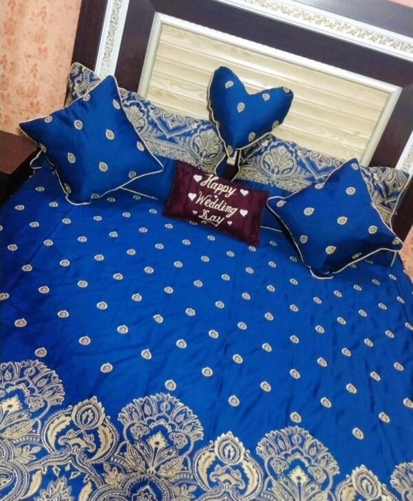 Embroidered Quilted Bedsheet Set Design (Navy Blue)