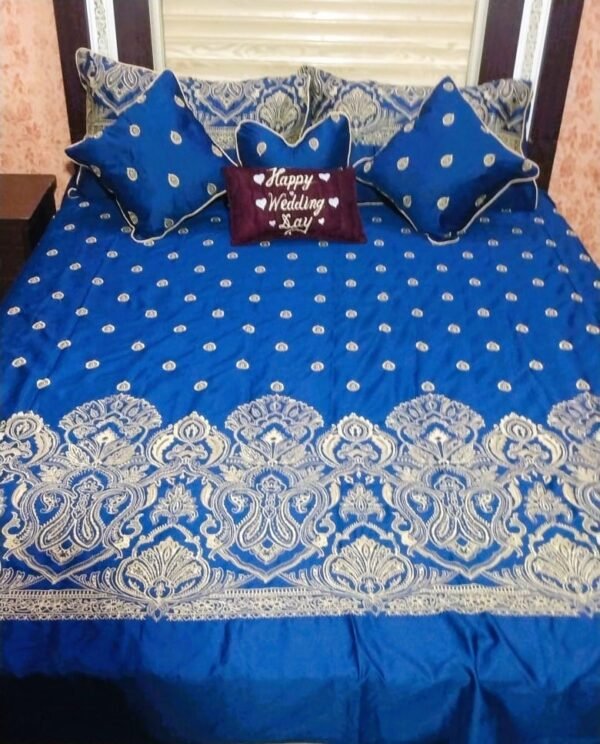 Embroidered Quilted Bedsheet Set Design (Navy Blue)