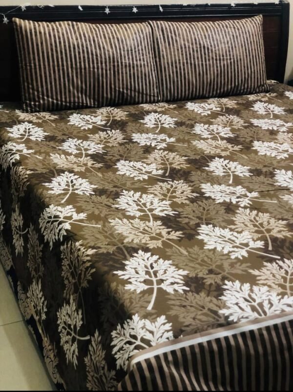 Printed Pure Cotton Bedsheet Set (Brown with leaves)