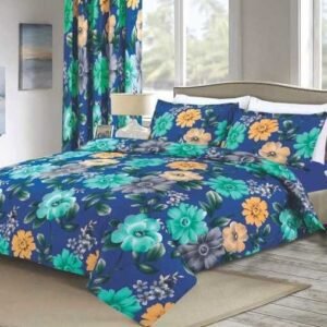 Blue and Orange Flowers Printed Bedsheet Set