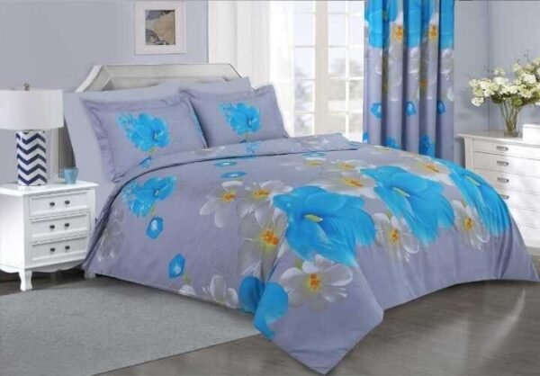 Grey and Blue Flowers Printed Bedsheet Set