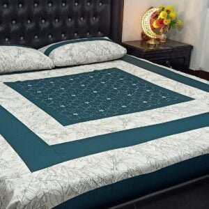 Patchwork Panel Embroidered BedSheet Dark Green-White