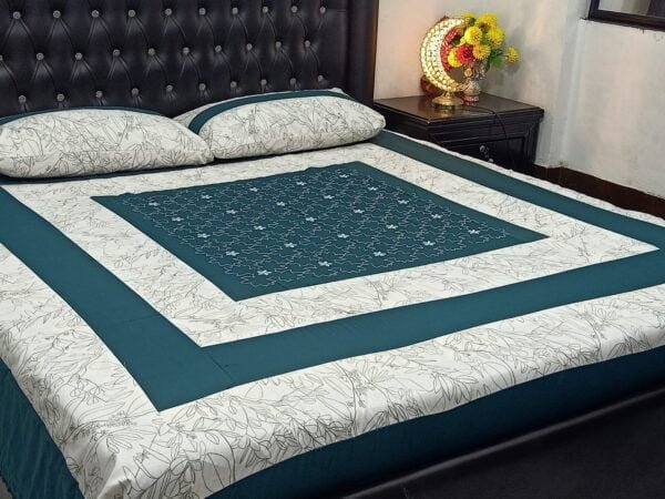 Patchwork Panel Embroidered BedSheet Dark Green-White