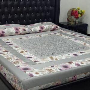 Patchwork Panel Embroidered Bedsheet Grey-White