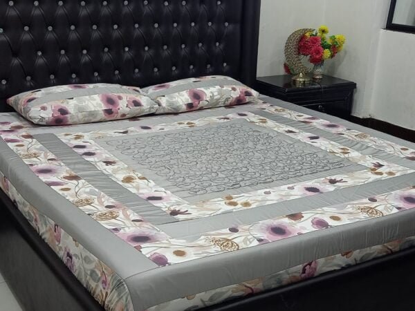 Patchwork Panel Embroidered Bedsheet Grey-White