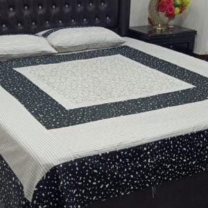 Patchwork Panel Embroidered BedSheet Black-White