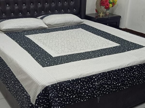 Patchwork Panel Embroidered BedSheet Black-White