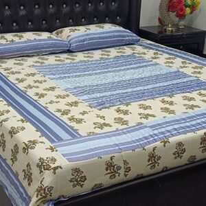 Patchwork Panel Embroidered BedSheet -SkyBlue