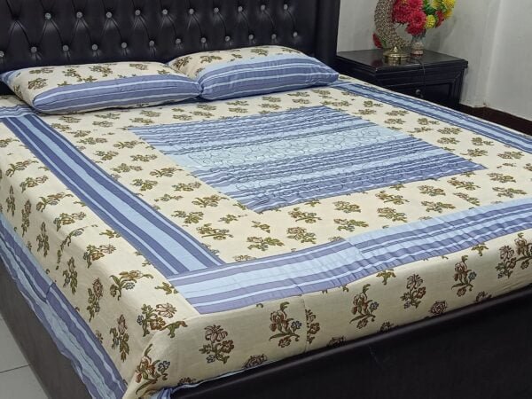 Patchwork Panel Embroidered BedSheet -SkyBlue