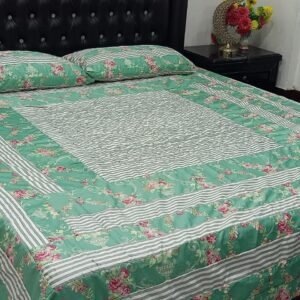 Patchwork Panel Embroidered BedSheet - C Green