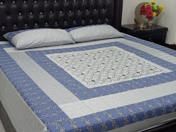 Patchwork Panel Embroidered BedSheet Blue-White