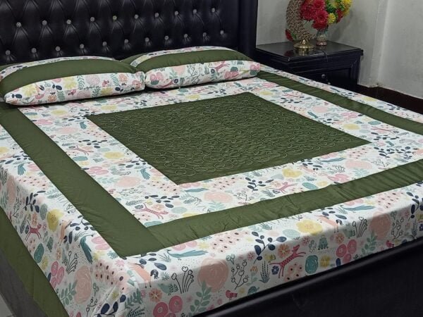 Patchwork Panel Embroidered Sheet Design Dark Green