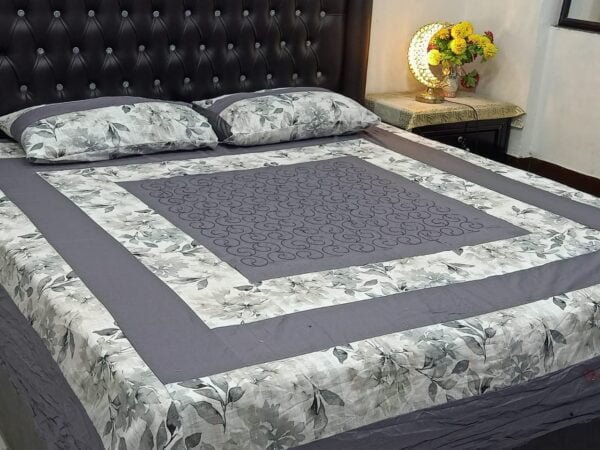 Printed Patchwork Embroidered Sheet Design - Grey