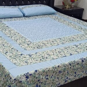 Printed Patchwork Embroidered Sheet Design - Sky Blue