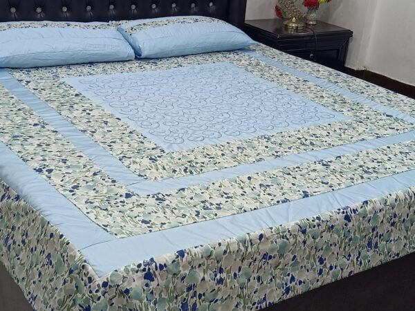 Printed Patchwork Embroidered Sheet Design - Sky Blue