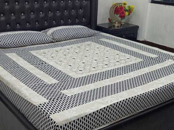 Printed Patchwork Embroidered BedSheet Check Design