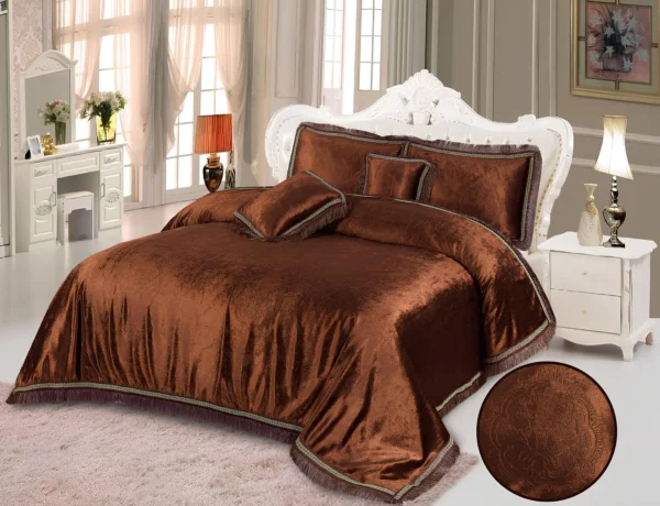 5Pcs Luxury Velvet Bridal Bedding Set (Brown)