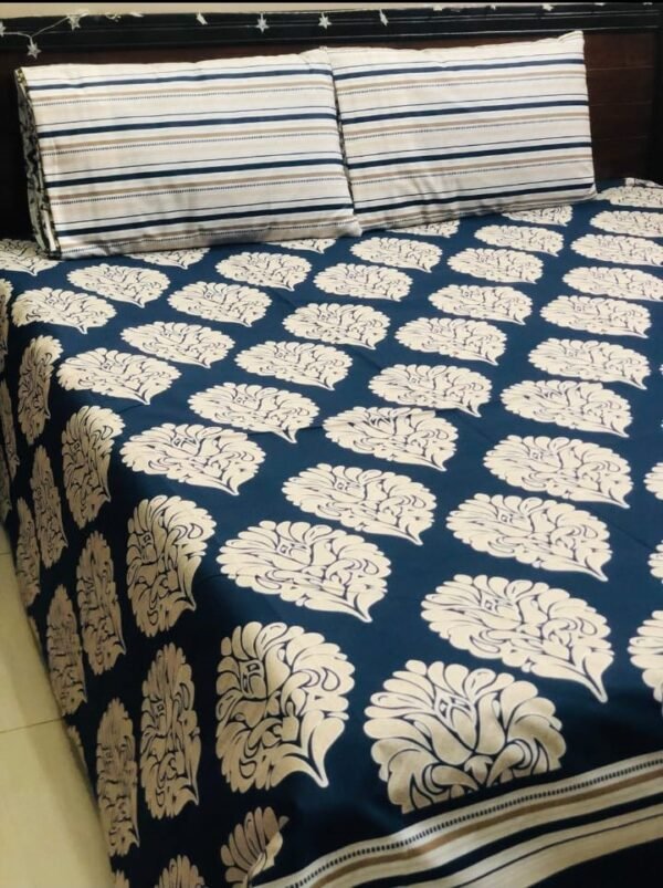 Printed Pure Cotton Bedsheet Set (Navy Blue with Bunches)