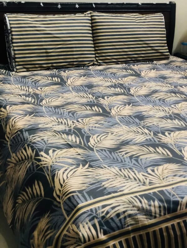 Printed Pure Cotton Bedsheet Set (Leaves+lining Pillows)