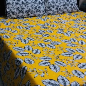 Printed Pure Cotton Bedsheet Set (Yellow with Leaves)