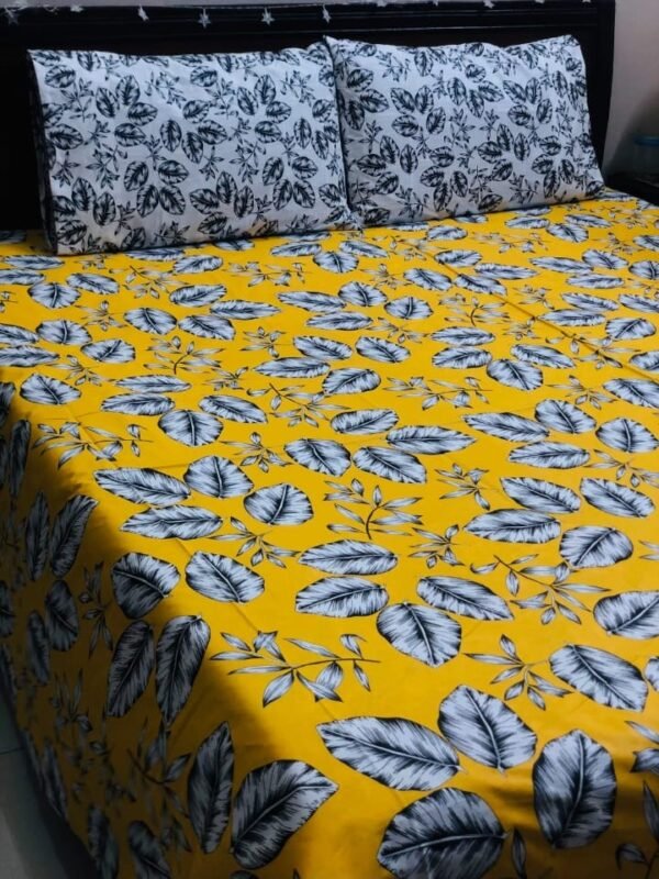 Printed Pure Cotton Bedsheet Set (Yellow with Leaves)