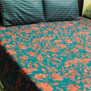 Printed Pure Cotton Bedsheet Set (Dark Green Orange Flowers Lining Pillows)