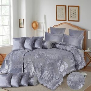 Velvet Bridal Bedding Set with Filled Comforter (Dark Grey)