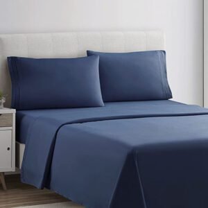 Plain Rich Cotton King Size Bed Sheet Set – Navy Blue