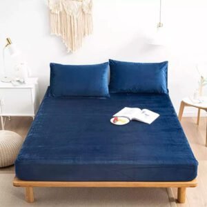 Plain Velvet Fitted Bed Sheet (Blue)