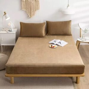 Plain Velvet Fitted Bed Sheet (Light Brown)