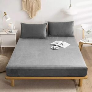 Plain Velvet Fitted Bed Sheet (Light Grey)