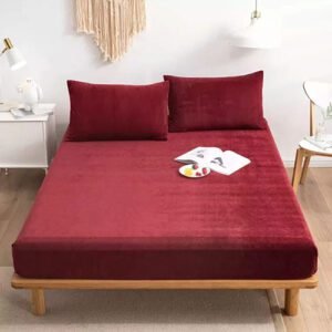 Plain Velvet Fitted Bed Sheet (Maroon)