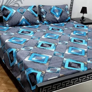 Sky Blue and Gray Patterned Printed Bed sheet